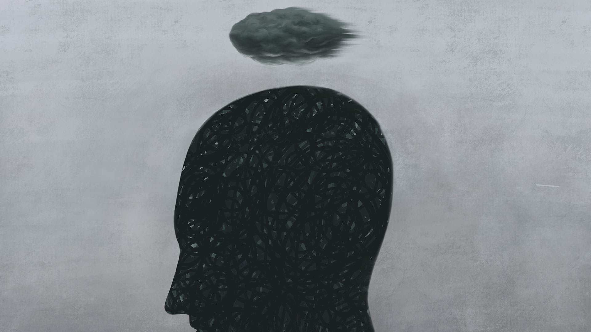 Illustration eines Kopfes mit dunklen Linien und einer Wolke, Symbol für Gedanken und Emotionen.