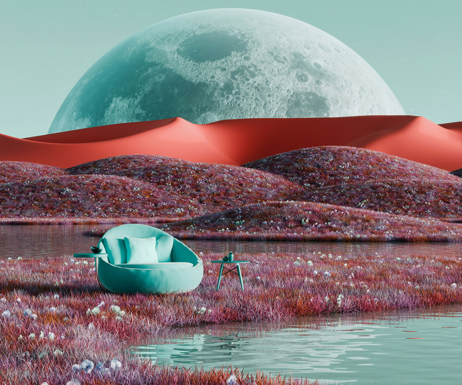 Abstrakte Landschaft mit großem Mond als visuelle Metapher für immersive Markenwelten und Video im Metaverse