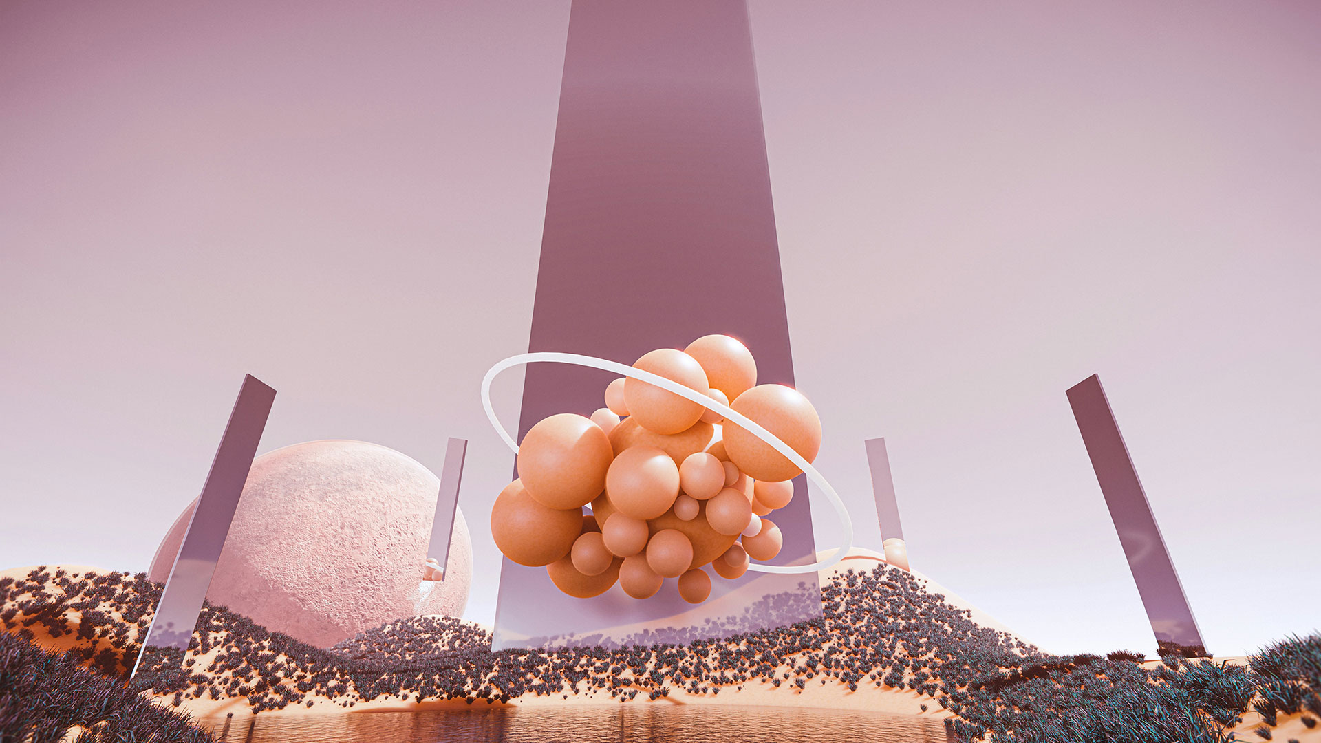 Abstrakte virtuelle Szene mit geometrischen Formen als Symbol für interaktive Inhalte und Video im Metaverse