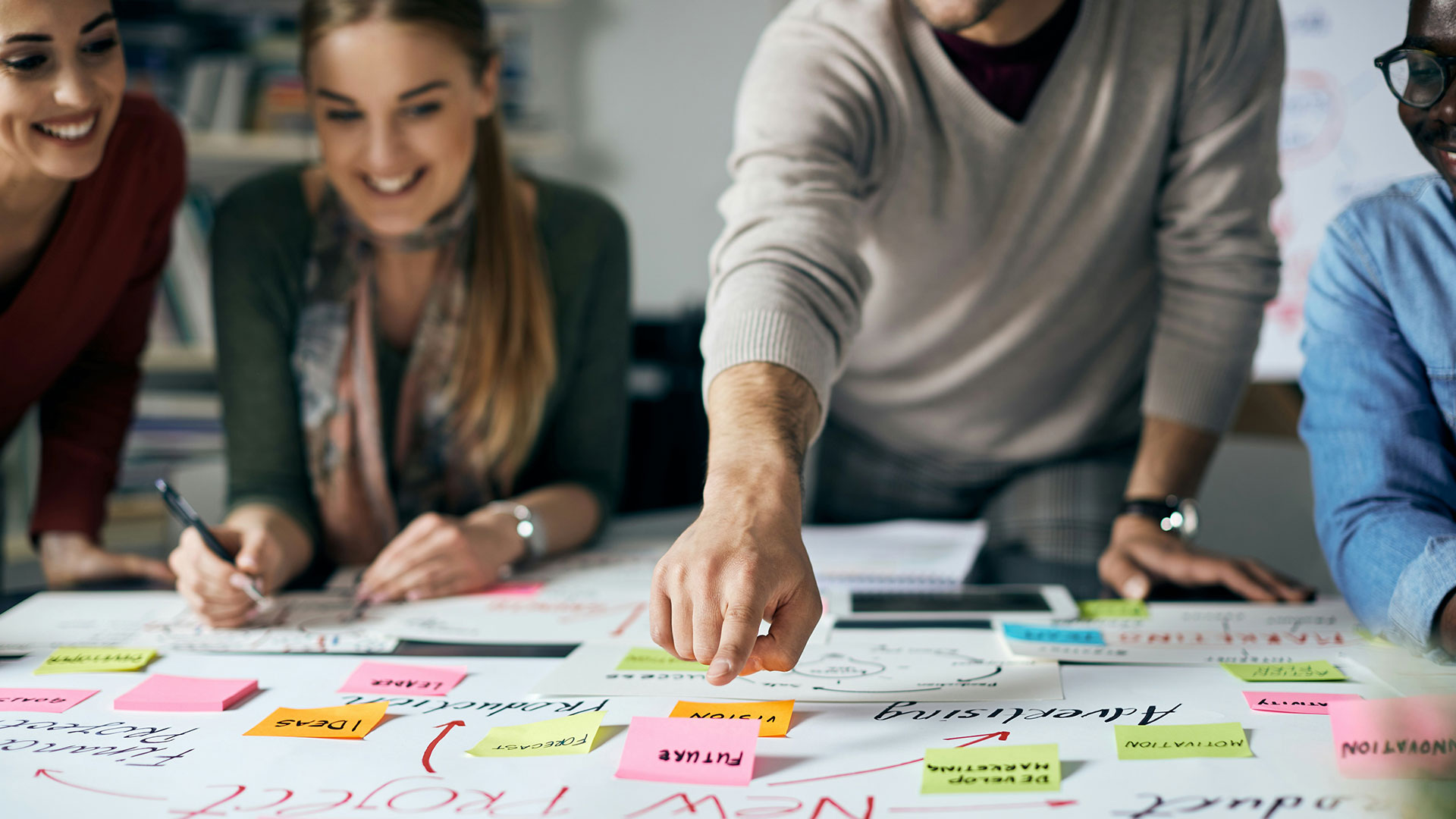 Ein Team plant am Tisch mit bunten Notizzetteln eine Kommunikationsstrategie, die verschiedene Videoarten gezielt miteinander kombiniert.